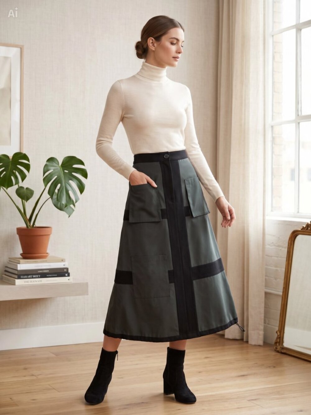 Black Utility Midi Skirt